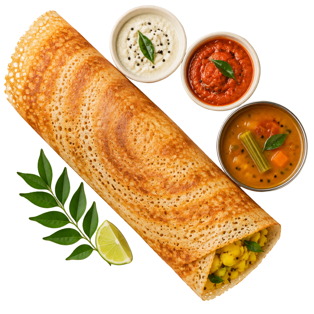 Top-down shot of a golden rolled South Indian dosa served with chutney bowls and sambar